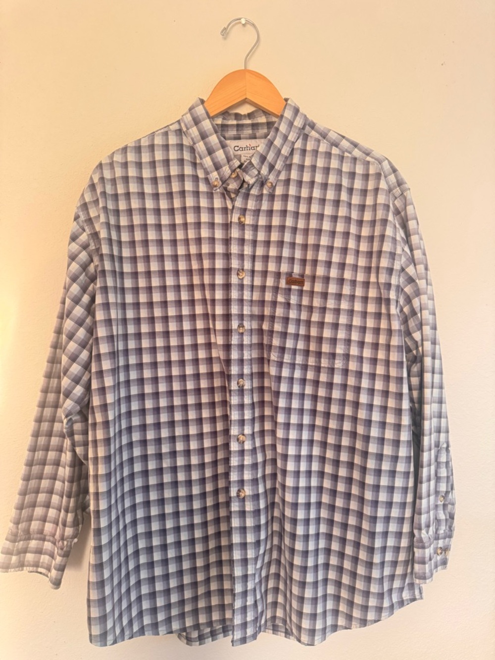 Vintage Carhartt Men's XL Blue and White Checked Button-Down Shirt